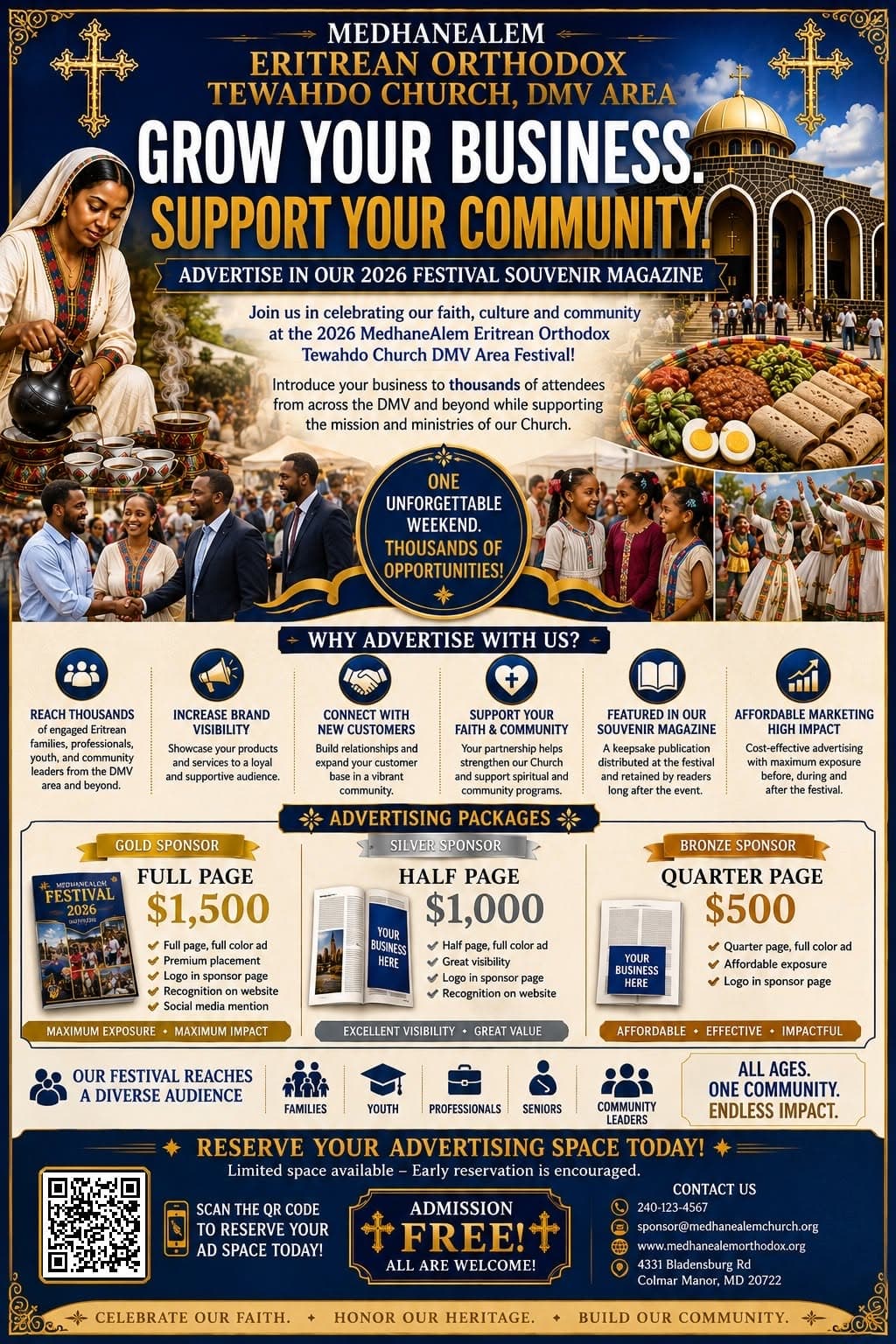 Festival souvenir magazine advertising flyer — Gold full page $1,500, Silver half page $1,000, Bronze quarter page $500